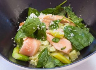 Норвезька сьомга-гриль з яйцем, картоплею і шпинатом.